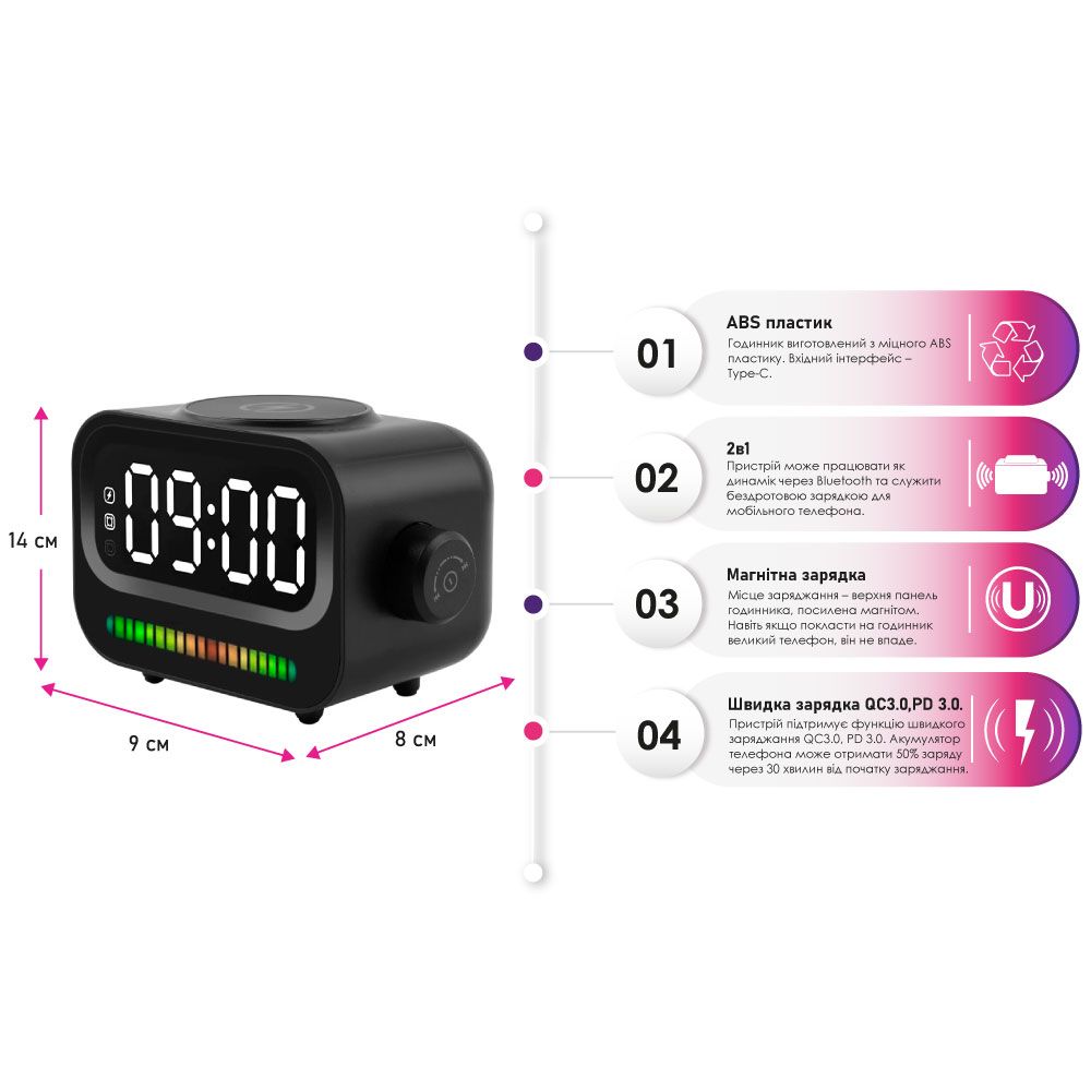 Портативная колонка-часы TheGeneral RapidFlow 5 Вт с беспроводным зарядным устройством 15 Вт